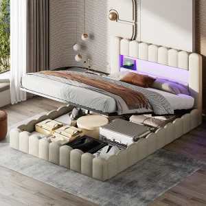 Gestoffeerd bed 140×200 cm met LED en USB-oplaadpunt, met functie en lattenbodem, Beige