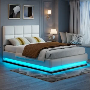 Gestoffeerd tweepersoonsbed 140×190 cm met ledverlichting, bed met lattenbodem en opbergruimte, PU, wit Gestoffeerd tweepersoonsbed 140×190 cm met ledverlichting, bed met lattenbodem en opbergruimte, PU, wit