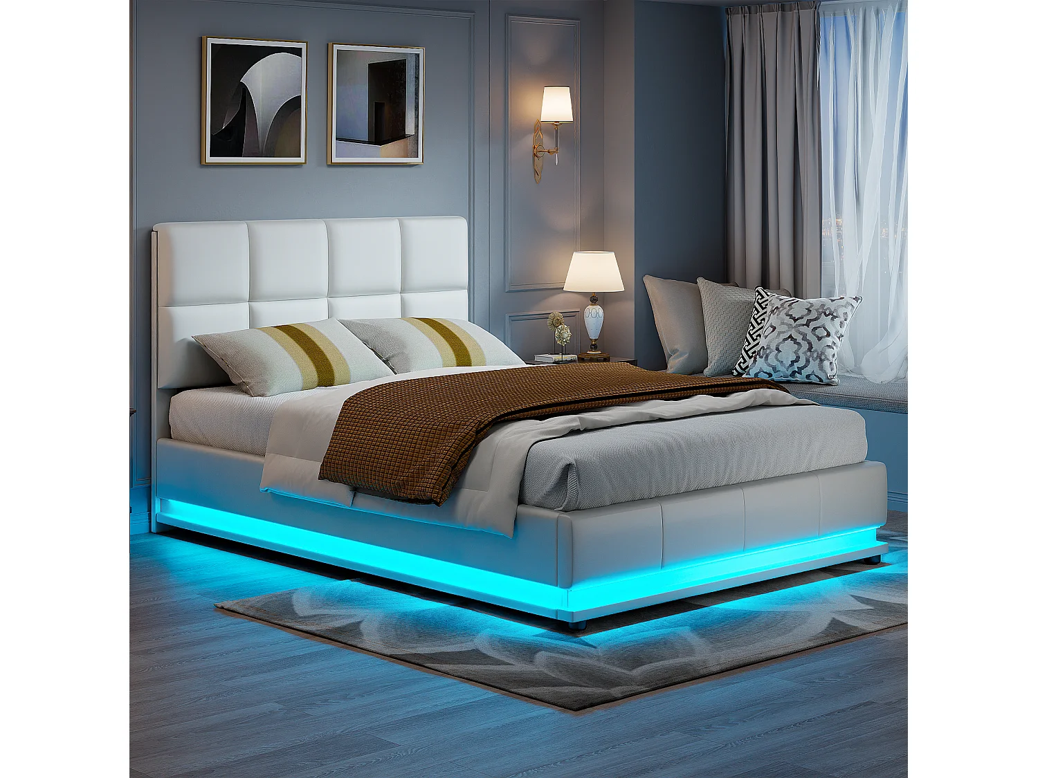 Gestoffeerd tweepersoonsbed 140x190 cm met ledverlichting, bed met lattenbodem en opbergruimte, PU, wit