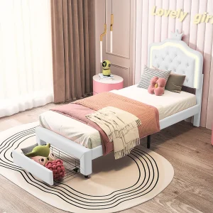 Gestoffeerd bed, Bedframe 140 x 200 cm, met LED-lampen en lattenbodem en rugleuning, PU, Beige Gestoffeerd bed, Bedframe 140 x 200 cm, met LED-lampen en lattenbodem en rugleuning, PU, Beige