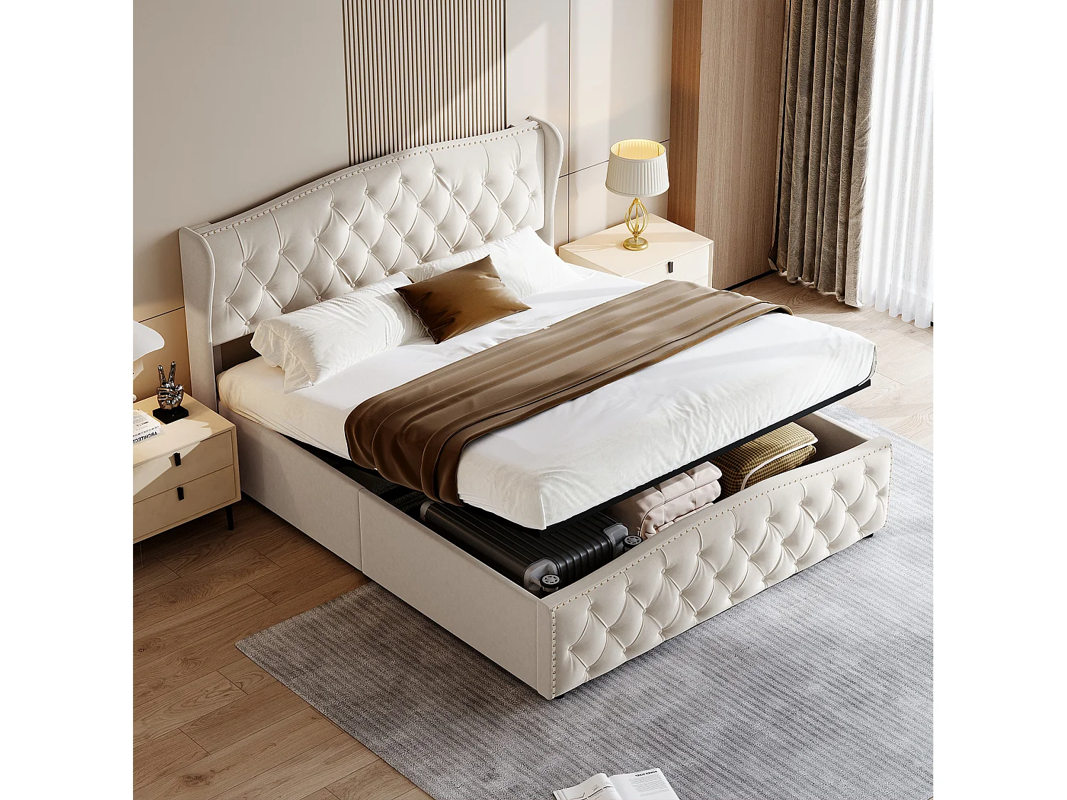 Gestoffeerd tweepersoonsbed 140 x 200 cm, met lattenbodem, met verstelbaar hoofdeinde, fluweel, wit