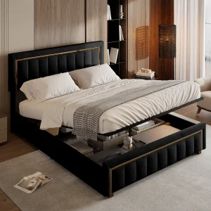 Gestoffeerd tweepersoonsbed, 160 x 200 cm, bedframe met hoofdbord en houten lattenbodem, zwart Gestoffeerd tweepersoonsbed, 160 x 200 cm, bedframe met hoofdbord en houten lattenbodem, zwart
