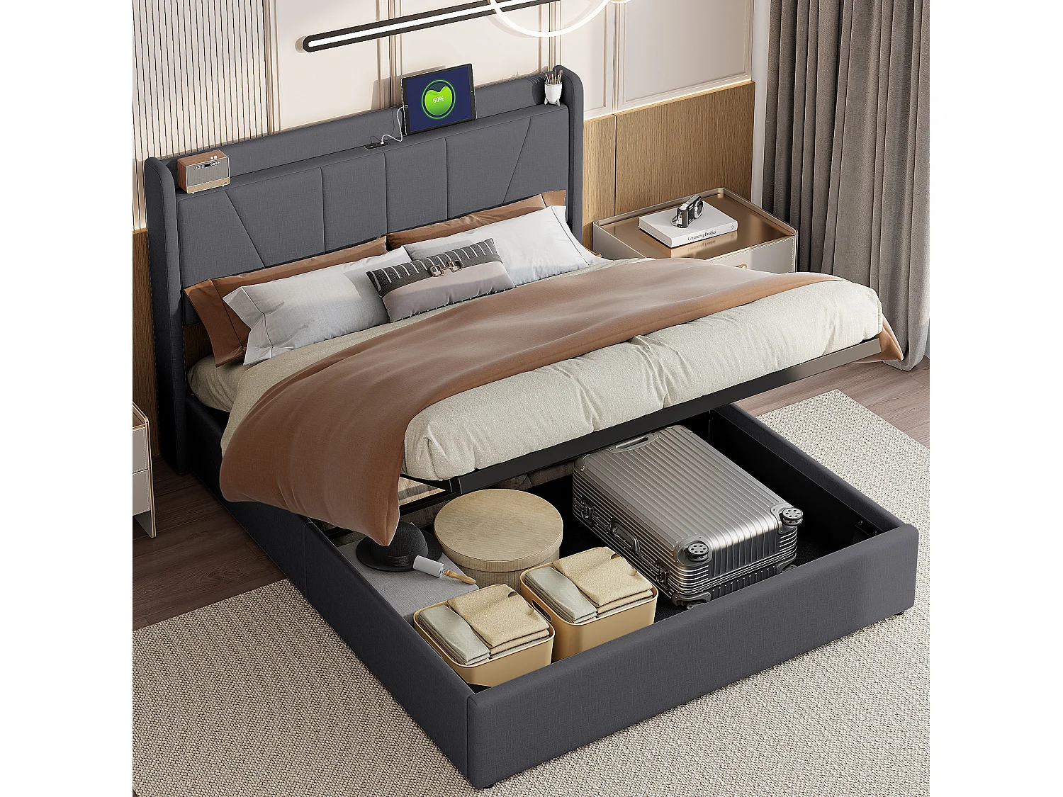 Gestoffeerd tweepersoonsbed 160 x 200 cm, met opbergruimte, bedframe met USB/Type C, Grijs