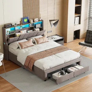 Gestoffeerd tweepersoonsbed 160×200 cm met LED-verlichting en USB-aansluiting, gestoffeerd bed met 2 opberglades, grijs Gestoffeerd tweepersoonsbed 160×200 cm met LED-verlichting en USB-aansluiting, gestoffeerd bed met 2 opberglades, grijs