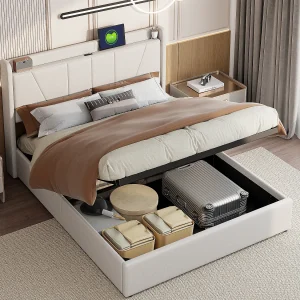 Gestoffeerd tweepersoonsbed 140 x 200 cm, met opbergruimte, bedframe met USB/Type C, beige Gestoffeerd tweepersoonsbed 140 x 200 cm, met opbergruimte, bedframe met USB/Type C, beige