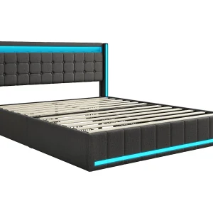 Gestoffeerd tweepersoonsbed 140 x 200 cm, opbergruimte met USB-oplader, tweepersoonsbed met hoofdeinde en led-verlichting, donkergrijs Gestoffeerd tweepersoonsbed 140 x 200 cm, opbergruimte met USB-oplader, tweepersoonsbed met hoofdeinde en led-verlichting, donkergrijs