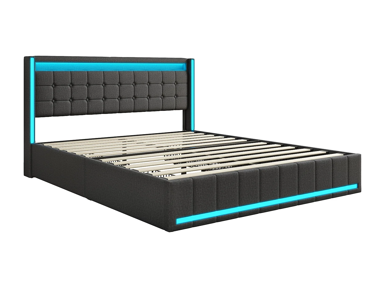 Gestoffeerd tweepersoonsbed 140 x 200 cm, opbergruimte met USB-oplader, tweepersoonsbed met hoofdeinde en led-verlichting, donkergrijs