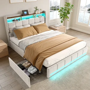 Gestoffeerd tweepersoonsbed 140 x 190 cm, met 4 opbergladen, LED, USB-oplaadstation, beige Gestoffeerd tweepersoonsbed 140 x 190 cm, met 4 opbergladen, LED, USB-oplaadstation, beige
