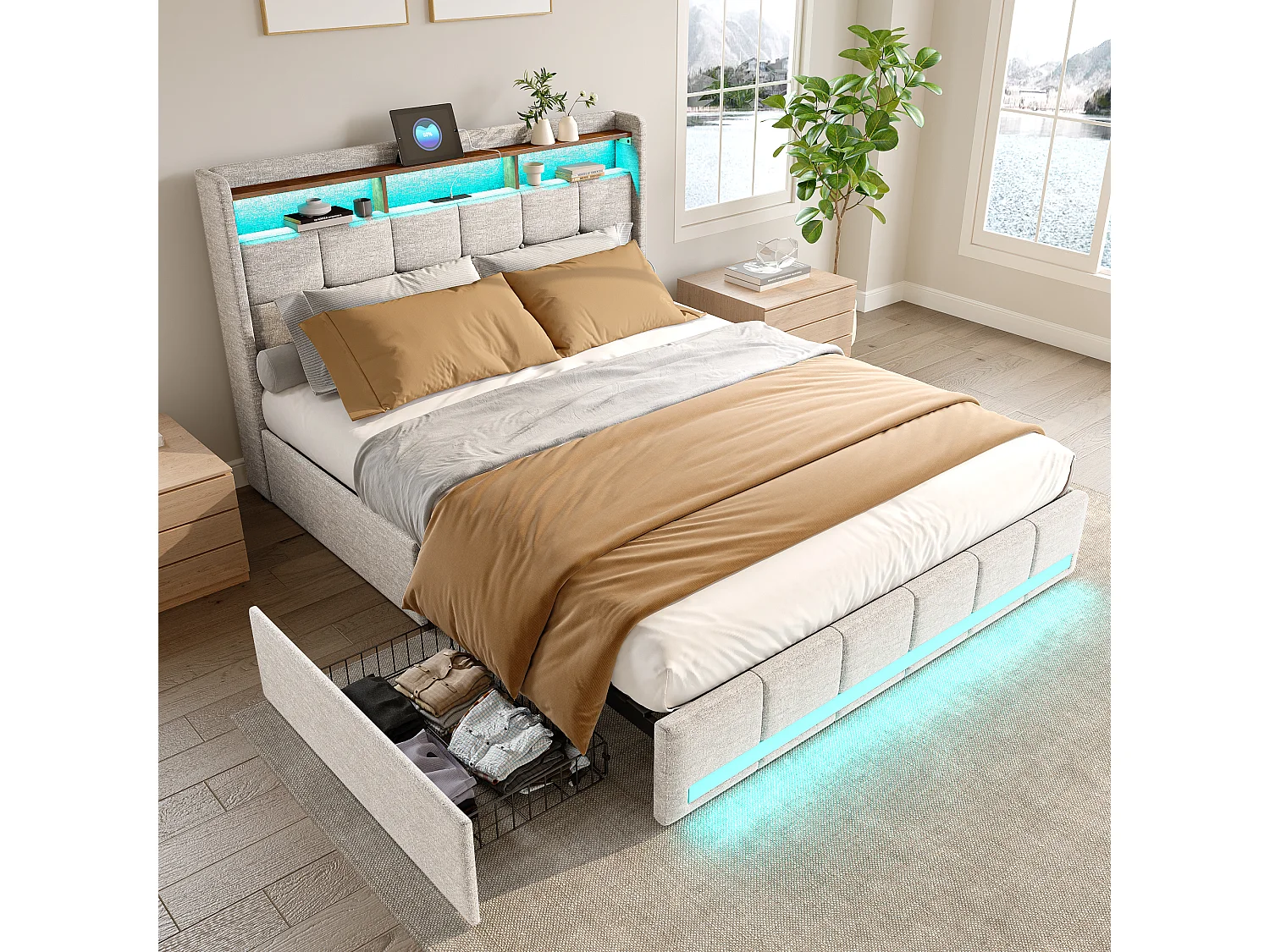 Gestoffeerd tweepersoonsbed 140 x 190 cm, met 4 opbergladen, LED, USB-oplaadstation, beige