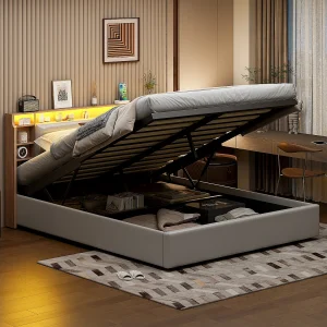 Gestoffeerd bed, 140 x 200 cm, met LED en USB-oplader, tweepersoonsbed, opbergruimte, PU, wit Gestoffeerd bed, 140 x 200 cm, met LED en USB-oplader, tweepersoonsbed, opbergruimte, PU, wit