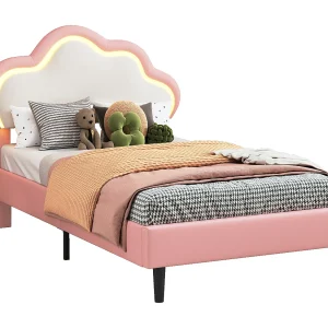 Gestoffeerd bed 90×200 cm, eenpersoonsbed met LED en verstelbaar hoofdeinde in wolkendesign, PU, roze
