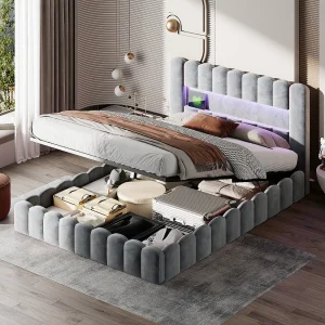 Gestoffeerd tweepersoonsbed, 180 x 200 cm, met LED, lattenbodem en hoofdbord, fluweel, grijs Gestoffeerd tweepersoonsbed, 180 x 200 cm, met LED, lattenbodem en hoofdbord, fluweel, grijs