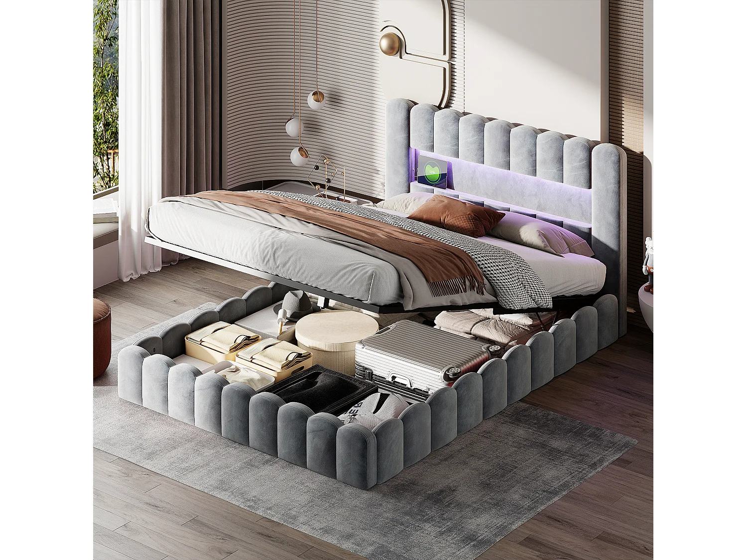 Gestoffeerd tweepersoonsbed, 180 x 200 cm, met LED, lattenbodem en hoofdbord, fluweel, grijs