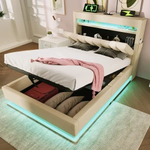 Gestoffeerd opbergbed – 90 x 200 cm – met hoofdeinde + USB + LED's – hydraulische opbergruimte – linnen – beige Gestoffeerd opbergbed – 90 x 200 cm – met hoofdeinde + USB + LED's – hydraulische opbergruimte – linnen – beige