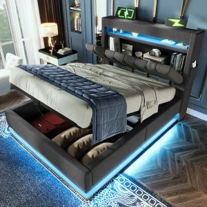Gestoffeerd opbergbed – 90 x 200 cm – met hoofdeinde + USB + LED's – hydraulische opbergruimte – linnen – grijs Gestoffeerd opbergbed – 90 x 200 cm – met hoofdeinde + USB + LED's – hydraulische opbergruimte – linnen – grijs