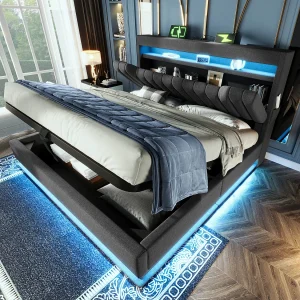 Gestoffeerd opbergbed – 140 x 200 cm – met hoofdeinde + USB + LED's – hydraulische opbergruimte – linnen – grijs Gestoffeerd opbergbed – 140 x 200 cm – met hoofdeinde + USB + LED's – hydraulische opbergruimte – linnen – grijs