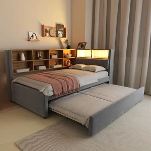 Gestoffeerde uitschuifbare slaapbank – 90 x 200 cm + 90 x 190 cm – LED's en stopcontacten – met opbergruimte – Flanel + Metaal + Multiplex + MDF – donkergrijs Gestoffeerde uitschuifbare slaapbank – 90 x 200 cm + 90 x 190 cm – LED's en stopcontacten – met opbergruimte – Flanel + Metaal + Multiplex + MDF – donkergrijs