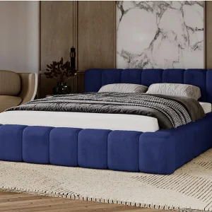Gestoffeerd bed Ibiza 120×200 blauw – opbergruimte voor beddengoed, houten lattenbodem, doorgestikt hoofdbord en bedframe. Gestoffeerd bed Ibiza 120×200 blauw – opbergruimte voor beddengoed, houten lattenbodem, doorgestikt hoofdbord en bedframe.