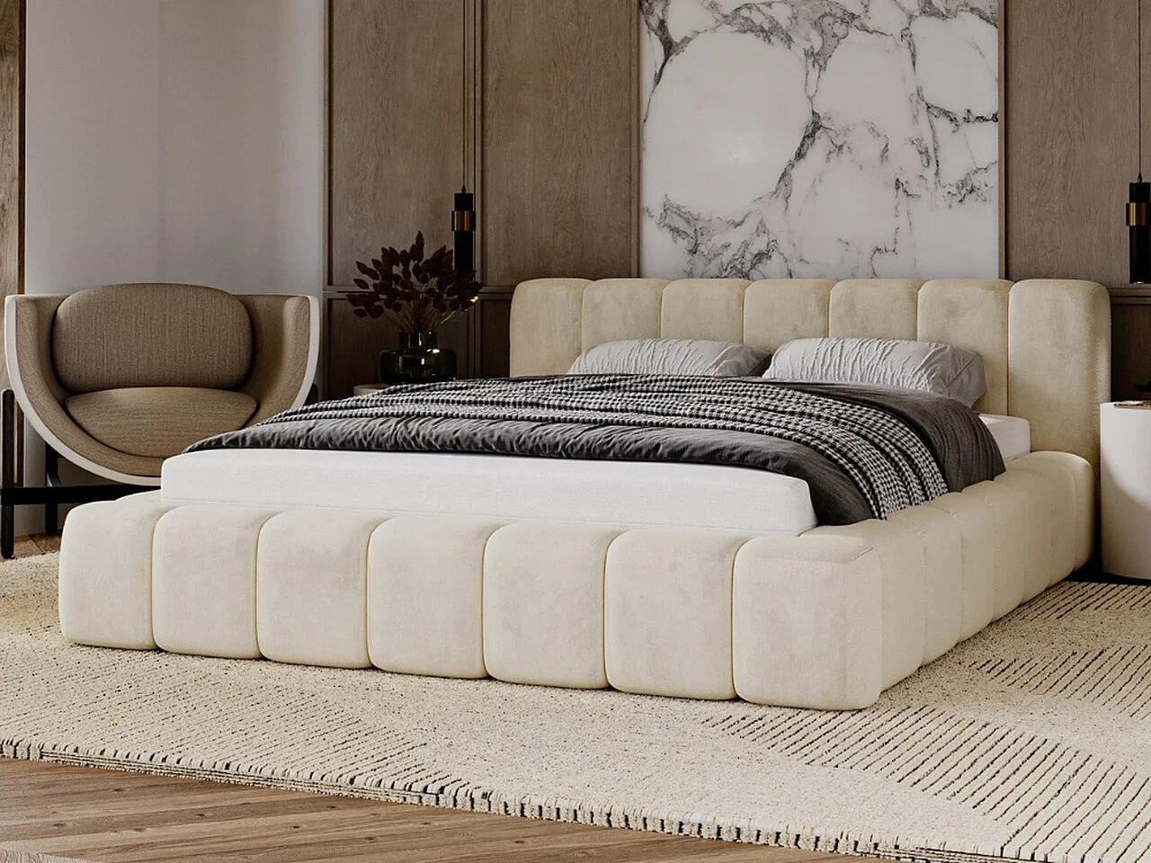 Gestoffeerd bed Ibiza 140x200 crème - opbergruimte voor beddengoed, houten lattenbodem, doorgestikt hoofdbord en bedframe.