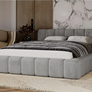 Gestoffeerd bed Ibiza 140×200 grijs – opbergruimte voor beddengoed, houten lattenbodem, doorgestikt hoofdbord en bedframe. Gestoffeerd bed Ibiza 140×200 grijs – opbergruimte voor beddengoed, houten lattenbodem, doorgestikt hoofdbord en bedframe.