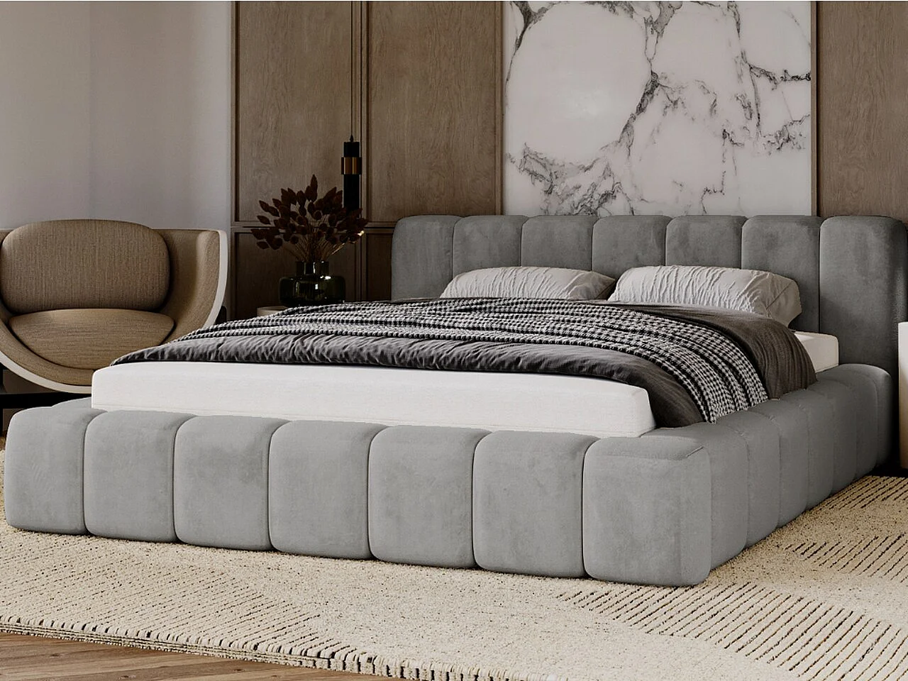 Gestoffeerd bed Ibiza 140x200 grijs - opbergruimte voor beddengoed, houten lattenbodem, doorgestikt hoofdbord en bedframe.