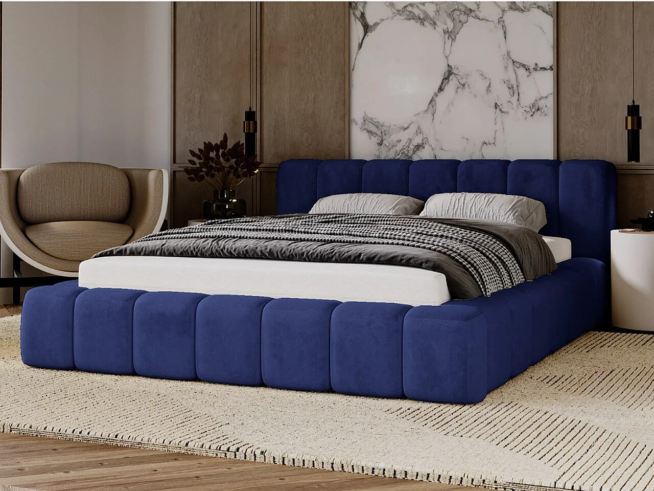 Gestoffeerd bed Ibiza 160x200 blauw - opbergruimte voor beddengoed, houten lattenbodem, doorgestikt hoofdbord en bedframe.