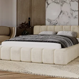 Gestoffeerd bed Ibiza 160×200 crème – opbergruimte voor beddengoed, houten lattenbodem, doorgestikt hoofdbord en bedframe. Gestoffeerd bed Ibiza 160×200 crème – opbergruimte voor beddengoed, houten lattenbodem, doorgestikt hoofdbord en bedframe.