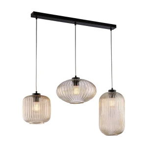 Rail Glamour noir, câbles réglables, verre soufflé ambré décor rayé, 3 lumières, style contemporain chaleureux Rail Glamour noir, câbles réglables, verre soufflé ambré décor rayé, 3 lumières, style contemporain chaleureux