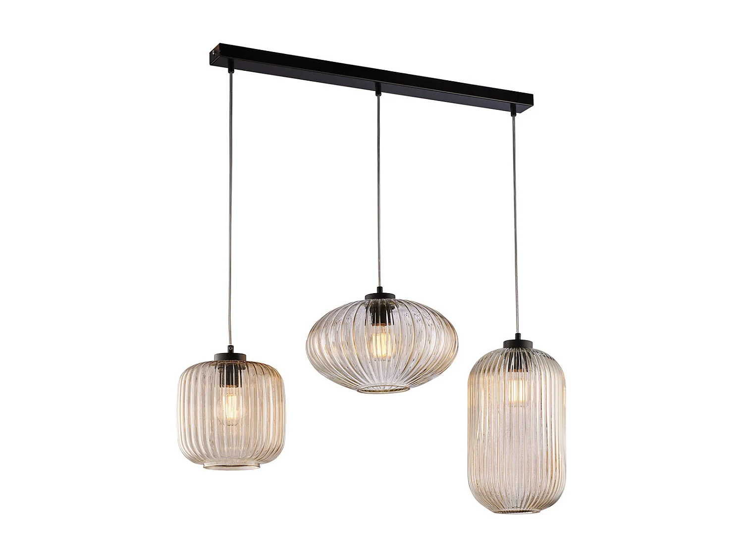 Rail Glamour noir, câbles réglables, verre soufflé ambré décor rayé, 3 lumières, style contemporain chaleureux