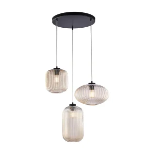 Lampe à suspension Glamour en fer laqué noir avec câbles électriques réglables et diffuseurs en verre soufflé ambré Lampe à suspension Glamour en fer laqué noir avec câbles électriques réglables et diffuseurs en verre soufflé ambré