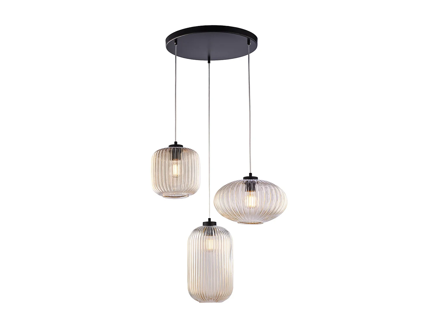 Lampe à suspension Glamour en fer laqué noir avec câbles électriques réglables et diffuseurs en verre soufflé ambré