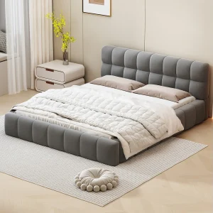 Gestoffeerd tweepersoonsbed, bubbel, 140 x 190 cm, met lattenbodem en zachte rugleuning, linnen, grijs Gestoffeerd tweepersoonsbed, bubbel, 140 x 190 cm, met lattenbodem en zachte rugleuning, linnen, grijs