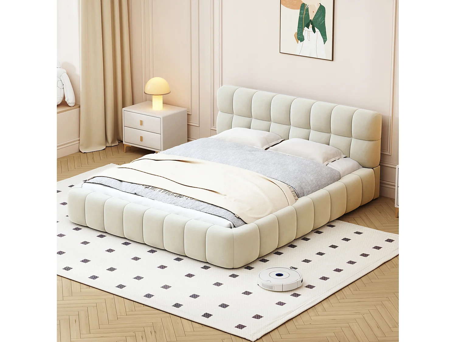 Gestoffeerd tweepersoonsbed, bubbelmodel, 140 x 200 cm, met lattenbodem en zachte rugleuning, linnen, beige