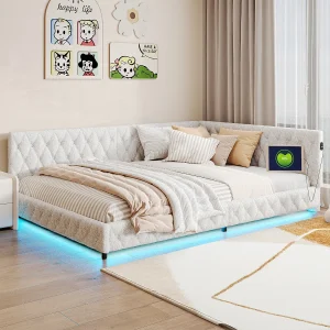 Gestoffeerd tweepersoonsbed 140 x 200 cm met LED en USB-aansluiting, met hoofdbord en lattenbodem, beige Gestoffeerd tweepersoonsbed 140 x 200 cm met LED en USB-aansluiting, met hoofdbord en lattenbodem, beige