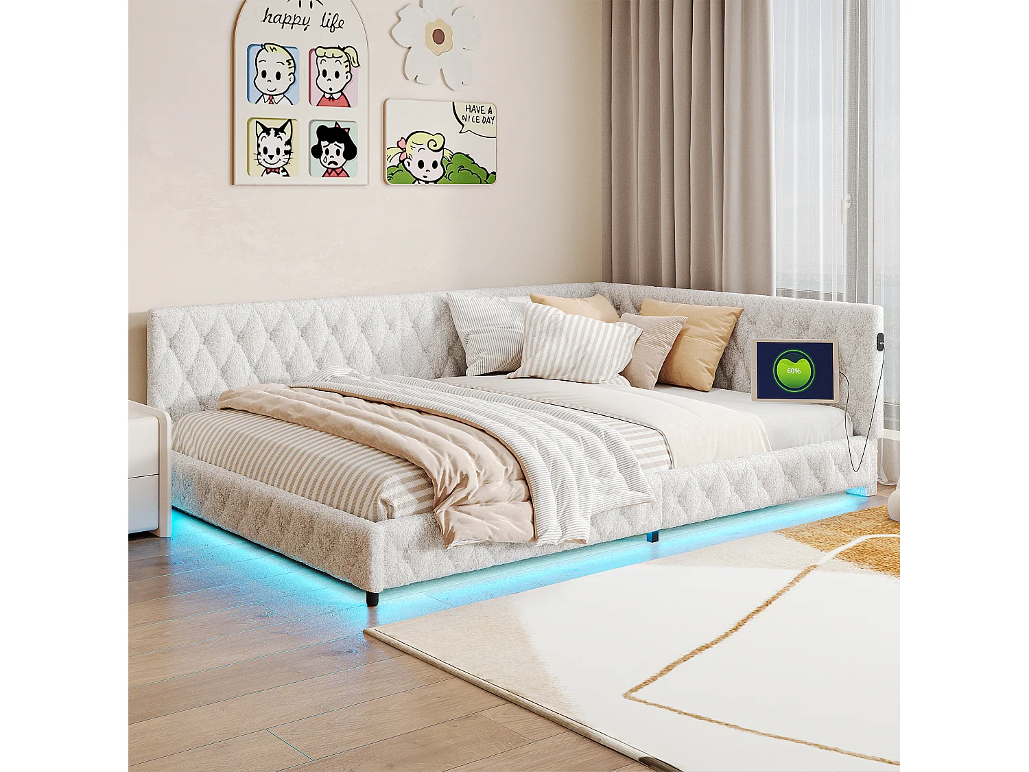 Gestoffeerd tweepersoonsbed 140 x 200 cm met LED en USB-aansluiting, met hoofdbord en lattenbodem, beige