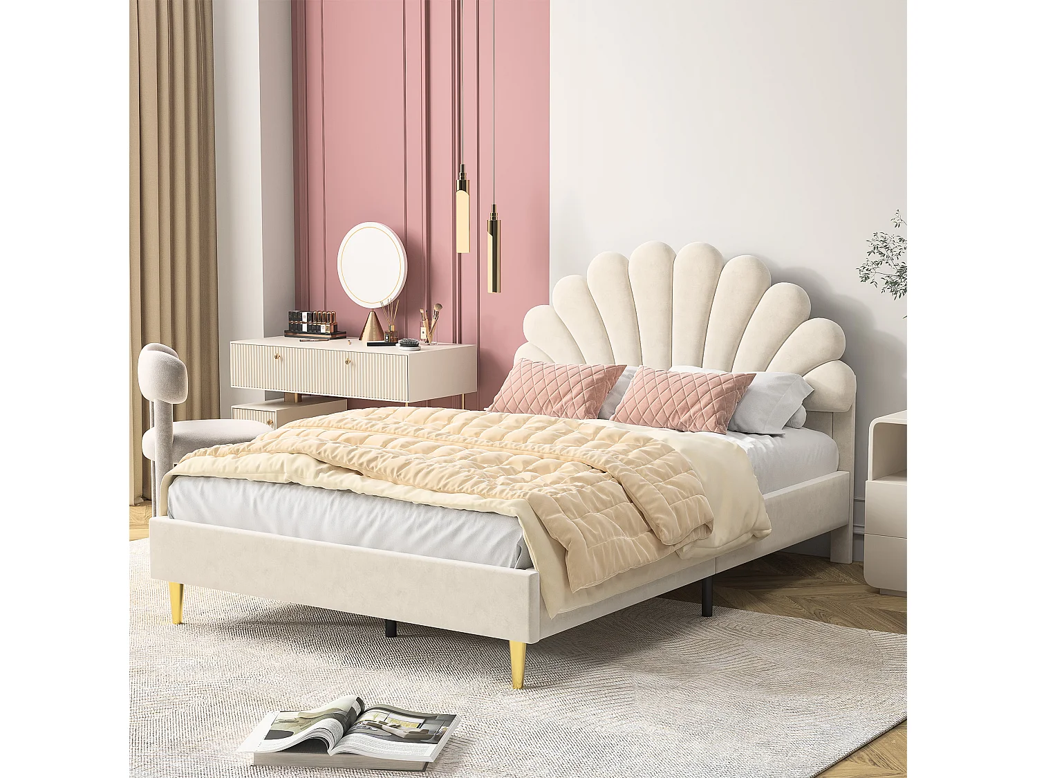 Gestoffeerd tweepersoonsbed, 140 x 200 cm, met geprofileerd hoofdbord en lattenbodem, fluweel, wit