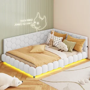 Gestoffeerde tweepersoons slaapbank 140 x 200 cm met LED en USB, bedframe met lattenbodem, wit Gestoffeerde tweepersoons slaapbank 140 x 200 cm met LED en USB, bedframe met lattenbodem, wit