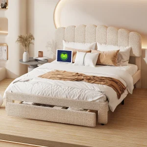 Gestoffeerd fluwelen bed 160x200cm – met 2 lades en lattenbodem – Beige Gestoffeerd fluwelen bed 160x200cm – met 2 lades en lattenbodem – Beige
