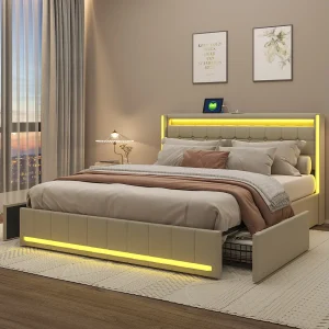 Gestoffeerd tweepersoonsbed 140 x 190 cm, Tweepersoonsbed met hoofdbord en ledverlichting, Linnen, Beige Gestoffeerd tweepersoonsbed 140 x 190 cm, Tweepersoonsbed met hoofdbord en ledverlichting, Linnen, Beige