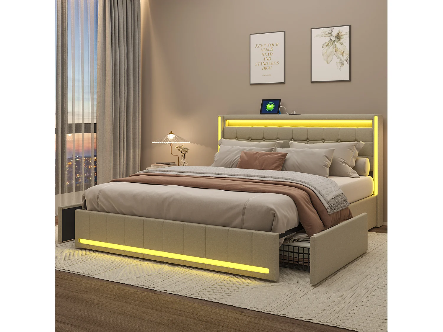 Gestoffeerd tweepersoonsbed 140 x 190 cm, Tweepersoonsbed met hoofdbord en ledverlichting, Linnen, Beige