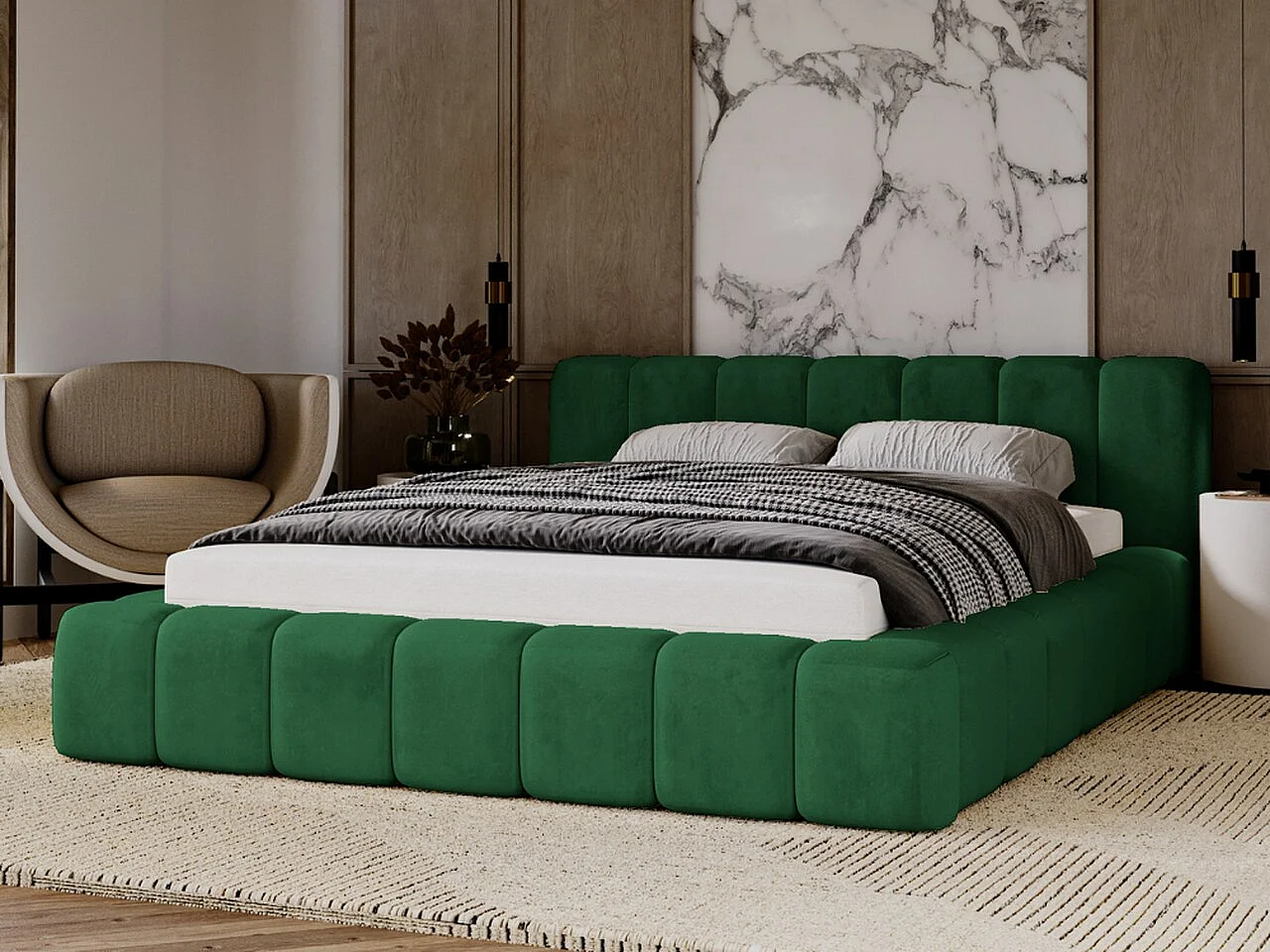 Gestoffeerd bed Ibiza 180x200 groen - opbergruimte voor beddengoed, houten lattenbodem, doorgestikt hoofdbord en bedframe.