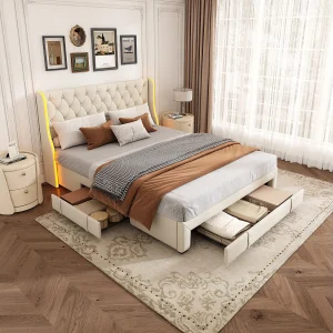 Gestoffeerd bed 160 x 200 cm, met LED en USB-oplader, tweepersoonsbed, met opbergruimte, beige Gestoffeerd bed 160 x 200 cm, met LED en USB-oplader, tweepersoonsbed, met opbergruimte, beige