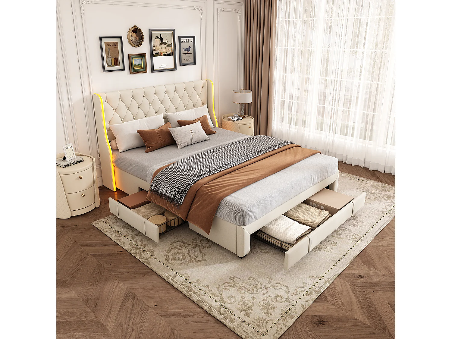 Gestoffeerd bed 160 x 200 cm, met LED en USB-oplader, tweepersoonsbed, met opbergruimte, beige
