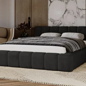 Gestoffeerd bed Ibiza 180×200 zwart – opbergruimte voor beddengoed, houten lattenbodem, doorgestikt hoofdbord en bedframe. Gestoffeerd bed Ibiza 180×200 zwart – opbergruimte voor beddengoed, houten lattenbodem, doorgestikt hoofdbord en bedframe.