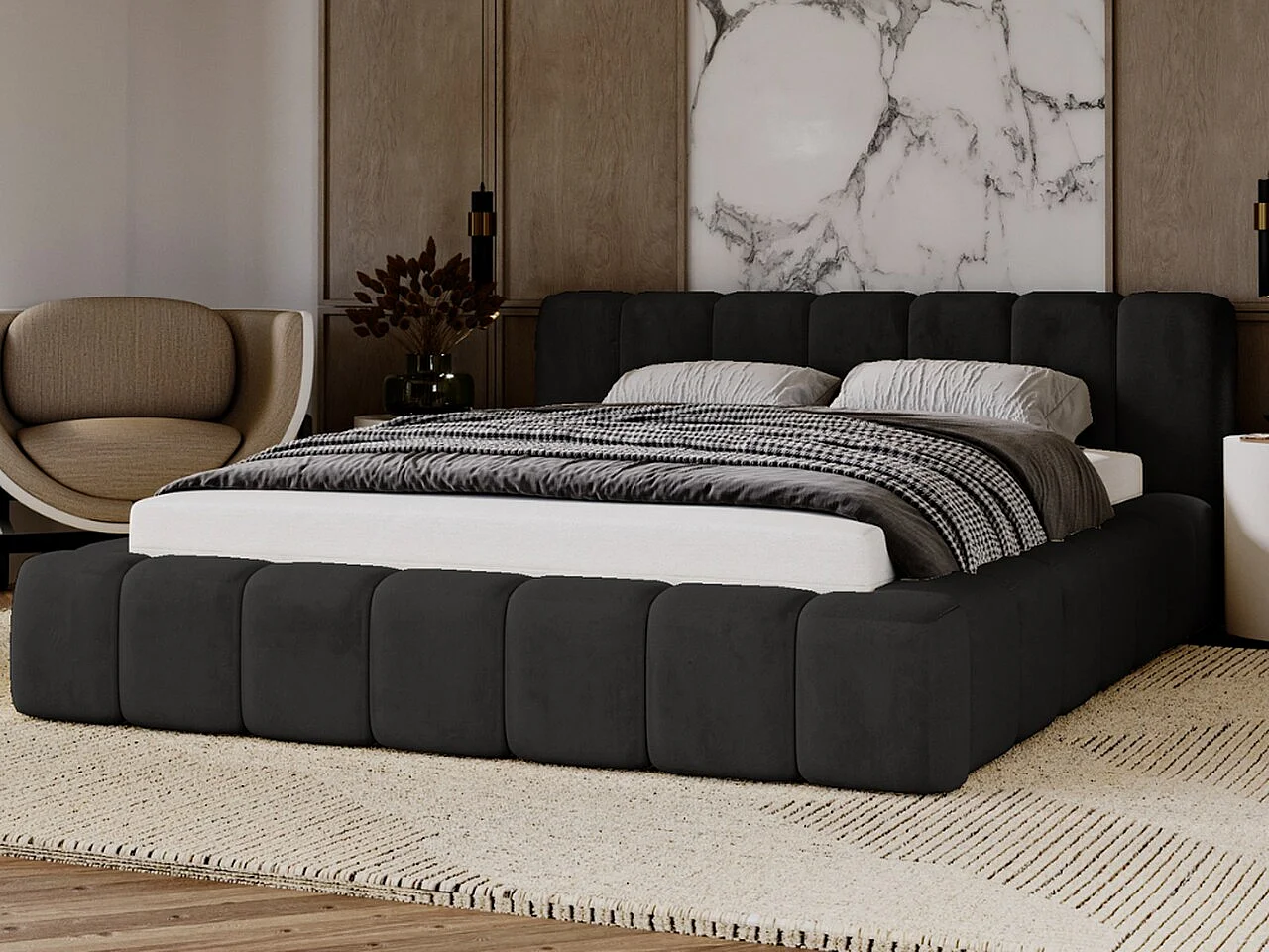Gestoffeerd bed Ibiza 180x200 zwart - opbergruimte voor beddengoed, houten lattenbodem, doorgestikt hoofdbord en bedframe.