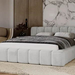 Gestoffeerd bed Ibiza 180×200 lichtgrijs – opbergruimte voor beddengoed, houten lattenbodem, doorgestikt hoofdbord en bedframe. Gestoffeerd bed Ibiza 180×200 lichtgrijs – opbergruimte voor beddengoed, houten lattenbodem, doorgestikt hoofdbord en bedframe.