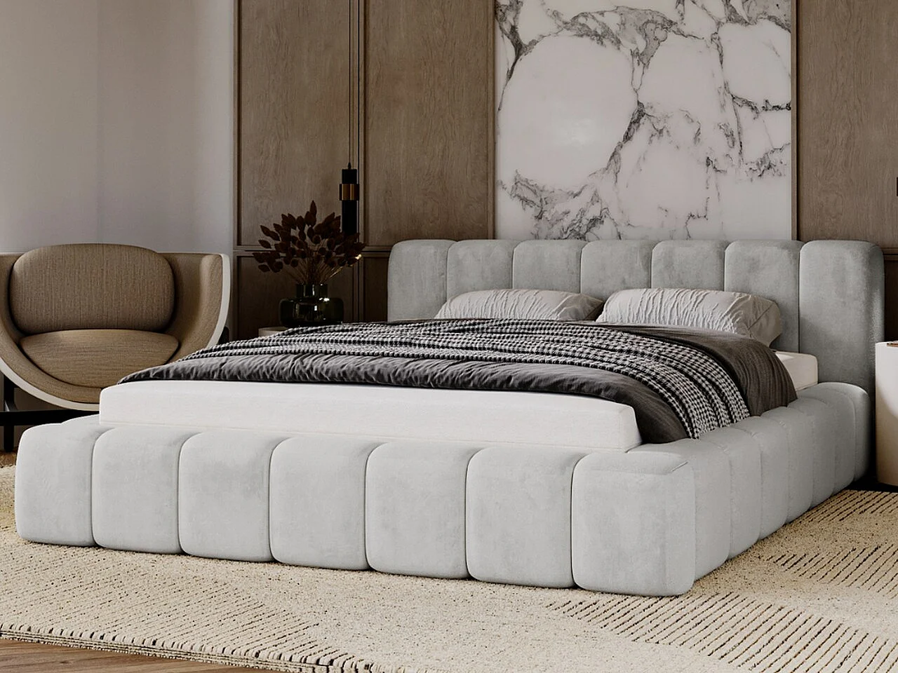 Gestoffeerd bed Ibiza 180x200 lichtgrijs - opbergruimte voor beddengoed, houten lattenbodem, doorgestikt hoofdbord en bedframe.