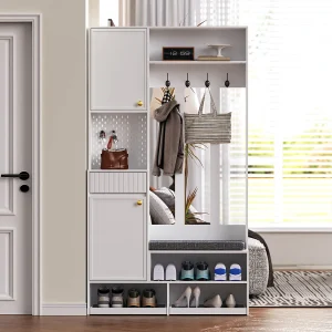 Halkastset – 100 x 35 x 180 cm – met bankje + 4 haken + 2 deuren + 1 lade – MDF – wit Halkastset – 100 x 35 x 180 cm – met bankje + 4 haken + 2 deuren + 1 lade – MDF – wit
