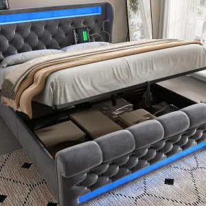 Gestofferd opbergbed 140x200cm – met LED – met USB- en Type-C-poorten – Velvet – Grijs Gestofferd opbergbed 140x200cm – met LED – met USB- en Type-C-poorten – Velvet – Grijs