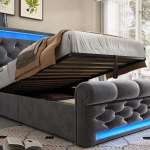 Gestofferd opbergbed 90x200cm – met LED – met USB- en Type-C-poorten – Velvet – Grijs Gestofferd opbergbed 90x200cm – met LED – met USB- en Type-C-poorten – Velvet – Grijs